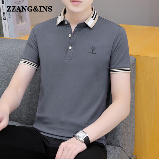 zzang&ins轻奢高端品牌短袖POLO衫男士夏季新款翻领休闲商务宽松 t恤衣服潮 681烟灰 XL （建议130-140斤）