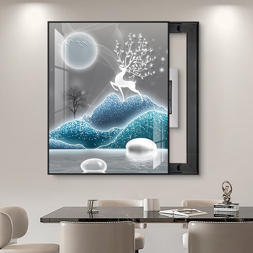 顺吉祥利轻奢电表箱装饰画竖版免打孔现代简约餐厅遮挡电闸箱挂画客厅壁画 JD12043福禄望月 45*60cm(遮挡35*50)左推拉黑框