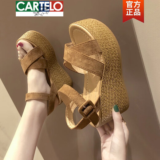 卡帝乐鳄鱼（CARTELO）坡跟凉鞋女2025春夏婚鞋高跟鞋韩版百搭厚底松糕鞋一字扣带罗马鞋 黑色 35