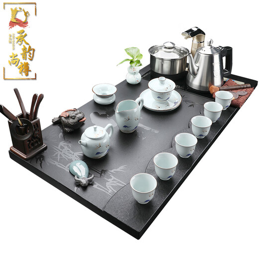 Chengyun Shangzun Black Gold Stone Tea Tray Home High-end Kung Fu Tea Set Fully Automatic One-in-One Four-in-One Simple Tea Table Office Fish Playing Lotus Pond Black Gold Stone K33-Geliang Tangyun