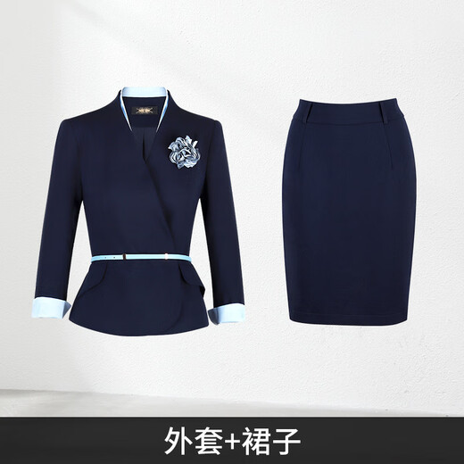 Luo Meng Professional Suit Formal Wear Women's Sales Department Work Clothes Interview Suit Hotel Front Desk Workwear Stewardess Uniform Summer Blue Collar Long Sleeve Navy Suit + Pants L
