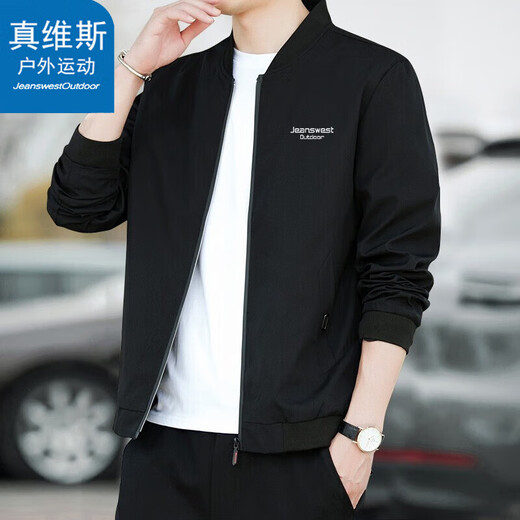 Jeanswest Outdoor Sports Wang Yibo Endorsed Jacket Men's Spring and Autumn Jacket Trendy Top Stand Collar Loose Baseball Jacket Black L