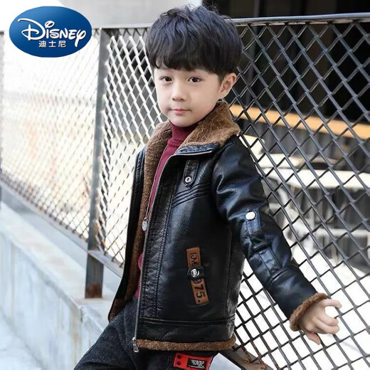 Disney (Disney) Boys Leather Clothing Autumn and Winter 2024 New Handsome Plush Jacket to Keep Cold and Warm Autumn and Winter 7 Jacket 8 Western Style Black Leather Jacket 130
