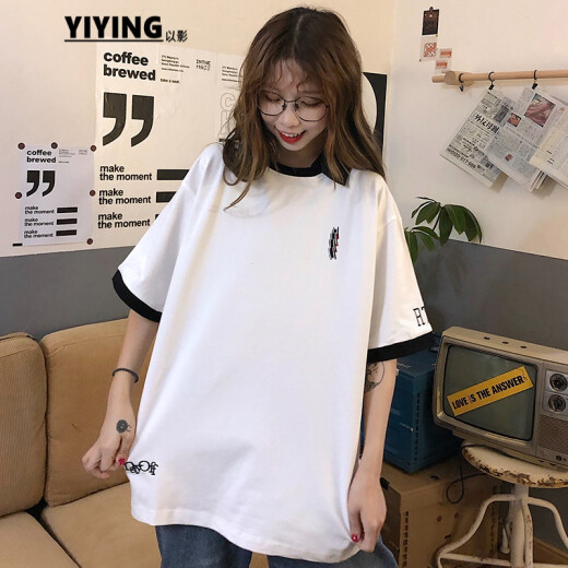 Yiying T-shirt women's loose Korean style student high school student girl junior high school student girl short-sleeved summer clothes women's Harajuku style retro middle school student summer new POLO shirt top white M