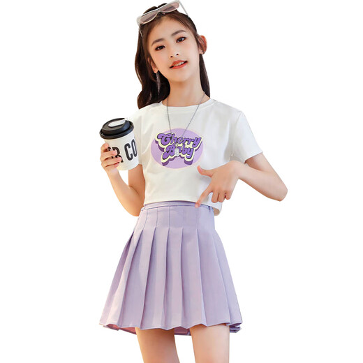 小猪彼特女童半身裙网球裙儿童夏季裙裤大童百褶裙套装女孩jk白色运动短裙 9889T恤+1566紫色短裙【套装】 170 cm