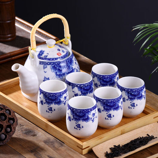 Guai Japanese style teapot tea set Jingdezhen ceramic complete set teapot teacup 6 pieces for home use Chinese classical Chinese knot (not including tray) 7 pieces