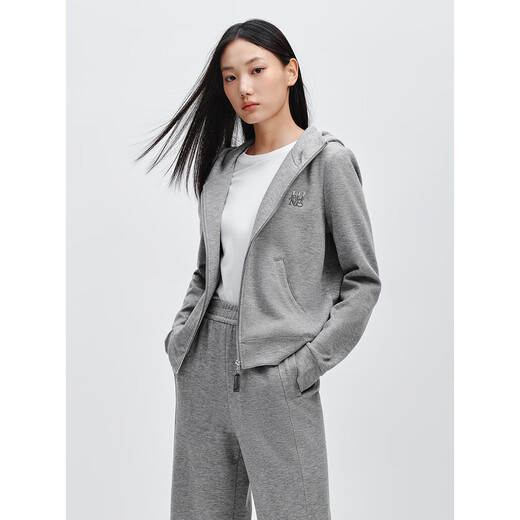 PEACEBIRD Women's Sweater Winter Zippered Thin Velvet Hooded Jacket Loose Pants Suit Gray Jacket S
