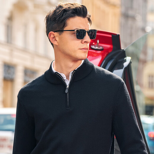 Mr. Bu's stand-up collar half-zipper thickened sweater for men 2025 spring and autumn thick woolen sweater BT15507 piano black L (175)