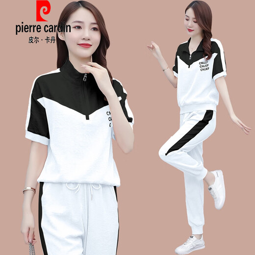 Pierre Cardin Ice|Silk Short Sleeve Sports Suit Running Women's Summer 2025 New Loose Slim Fashion Fashion Casual Two Pieces 1389 Blue M (Recommended 100 Jin Jin is equal to less than 0.5 kg)