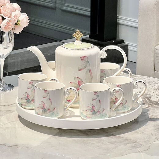 Ruishun high-end tea set wedding gift new style ceramic water cup teapot teacup living room hospitality gift for housewarming Golden lotus dolphin tea set