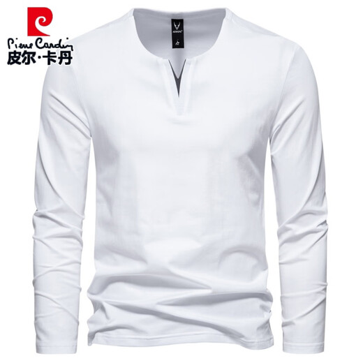Pierre Cardin Henry heavyweight men's long-sleeved T-shirt with spring and autumn slim casual v-neck solid color bottoming shirt clothes top black XL