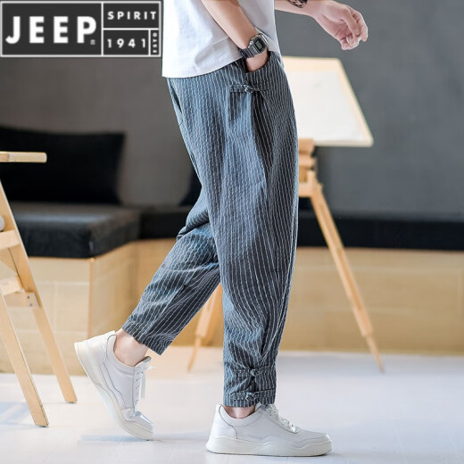JEEP SPIRIT中国风亚麻长裤子男士唐装条纹休闲灯笼裤棉麻阔腿束脚哈伦九分裤 灰色 XL