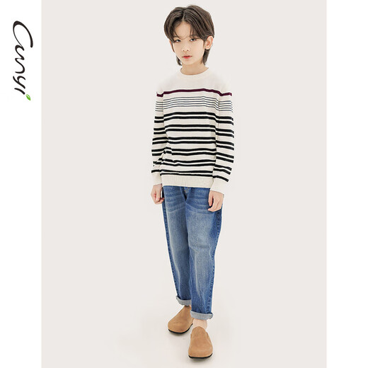 纯一良品（CUNYI）童装男童针织衫儿童条纹上衣春季新款中大童圆领套头毛衣 黑白条纹 140 cm