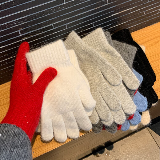 Muqing pure color knitted gloves winter men and women outdoor cycling warm thickened elastic fingered student gloves new year red one size fits all