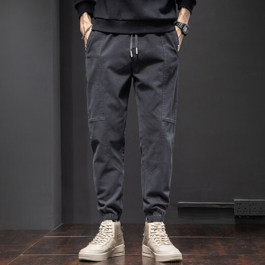CHARLUOEL casual pants men's 2025 spring and autumn trendy brand loose pants men's work clothes harem pants nine-point men's pants tying feet trousers 998 black XL