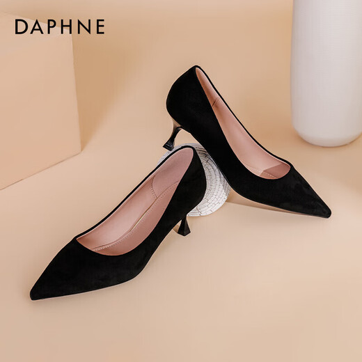 Daphne's Chinese Valentine's high-heeled suede-slim heels with one foot, professional pointed shoes, velvet black (5cm heels high) 37