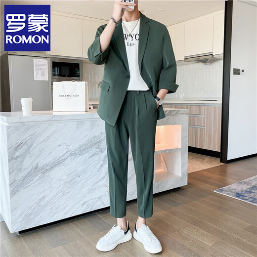 ROMON Light and mature autumn and winter thin three-quarter sleeve casual suit suit for men, high-end and handsome small suit drape jacket, green TZ15 three-quarter sleeve two-piece set M