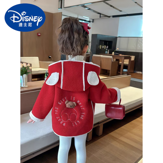 迪士尼（Disney）女童加绒羊羔毛外套秋冬2024新款洋气时髦儿童女宝宝皮毛一体冬装 红色小熊加绒外套 110建议身高100以下3-4岁