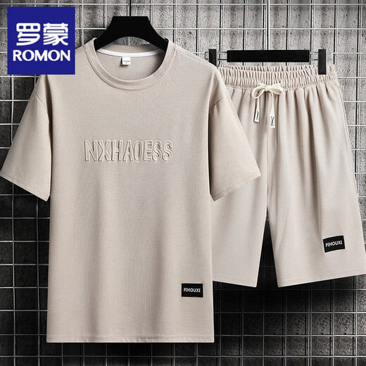 罗蒙（ROMON）高端运动套装男士夏季潮牌短裤短袖一整套搭配宽松休闲时尚 单件上衣-829灰色 2XL 建议145-165斤