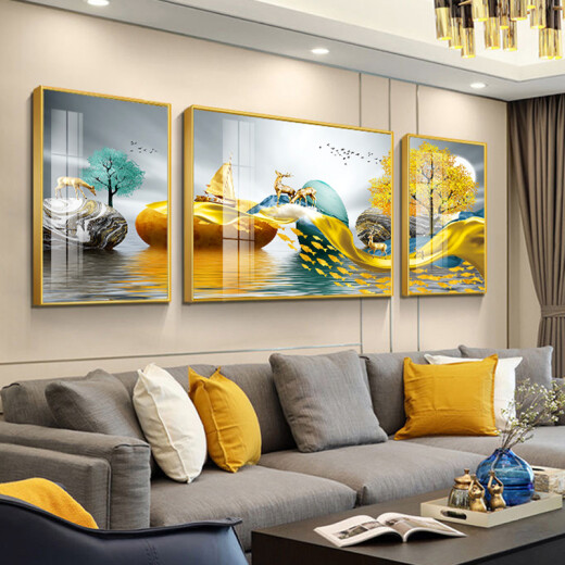 Yajufang painting living room decoration painting modern minimalist sofa background wall painting crystal porcelain hanging painting restaurant bedroom landscape triptych rising step by step left and right 35*50 middle 70*50cm crystal porcelain surface