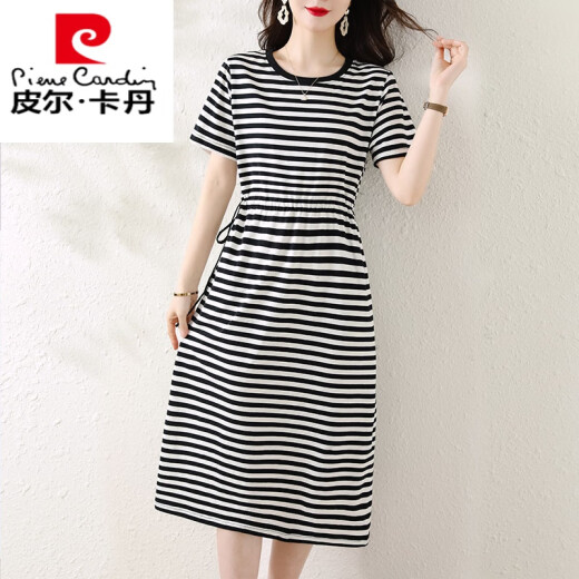 Robe à rayures en coton pur de Pier Cardin pour les femmes pour les t-shirts d'été pour les femmes sur les genoux et le tempérament de marge de taille pour les rendre minces et grandes jupes longues décontractées à la mode. 6627 modèles avec des poches xl 120-130jin [Jin est égal à 0,5 kg]