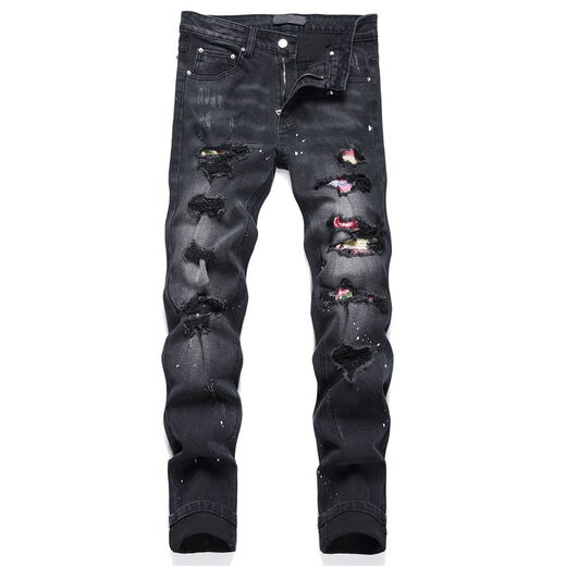 Fei Shimi New Style High Street Herren Ripped Jeans bestickt S Tight Mid-Tendy Herren trendy lässige schwarze Hosen Schwarz 3523 29