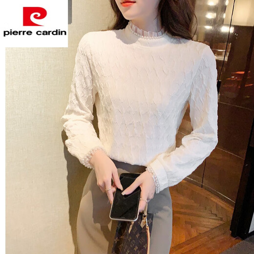Pierre Cardin half turtleneck lace bottoming shirt for women 2025 autumn and winter new style French style plus velvet thickened lace top, milky white plus velvet M