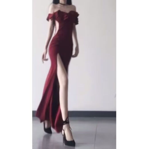 忆静萱（YIJINGXUAN）心机御姐名媛宴会礼服一字肩连衣裙女人味开叉收腰包臀鱼尾长夜店 黑色连衣裙长裙(普通版) M 95-105斤