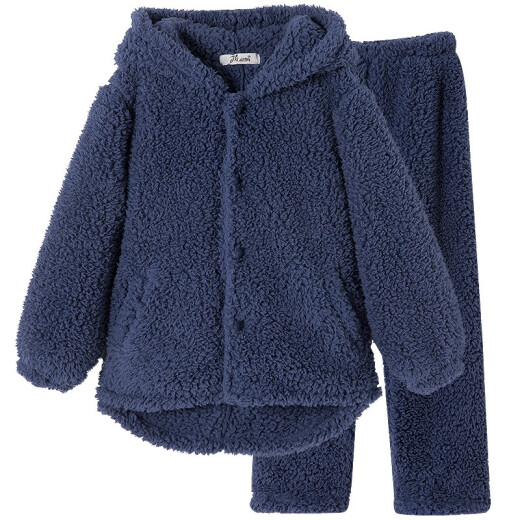 Dingguagua children's clothing boys' lamb velvet pajamas suit thickened hooded middle and large children's baby children's home clothes autumn and winter boys JD6426 navy blue 150