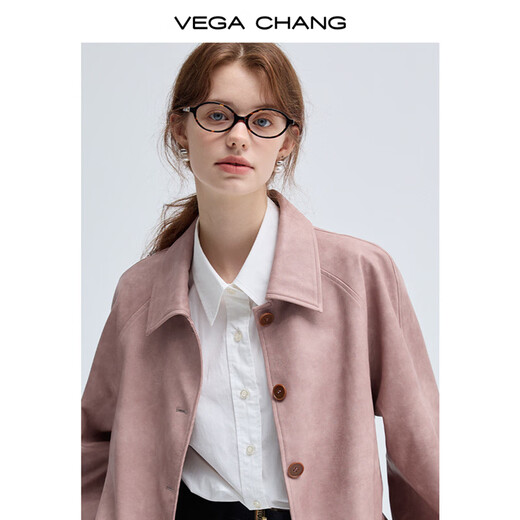 VEGA CHANG皮衣女款2025年新款春秋美式复古中长款PU皮外套 橡皮粉 S