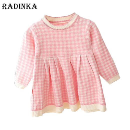 Radinka2025 new autumn and winter girls dress children's knitted plaid skirt baby girl stylish red princess dress TSB pink bow two-piece set without velvet 100 cm