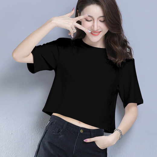 皆俏【百搭t恤】露肚子上衣超短女露脐黑色短款棉短袖脐年夏装减龄洋 白色中国风女13821 S 90斤以下