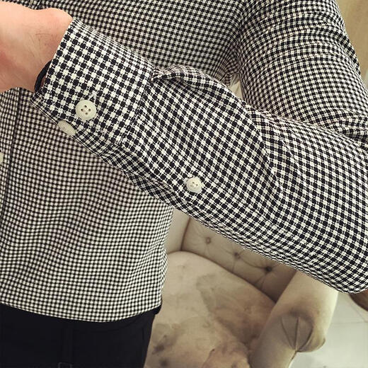 MGJO flannel shirt men's plaid shirt men's long-sleeved 12 spring and autumn high-end inner wear Korean version trendy slim and handsome no-iron casual business shirt 9923 small grid black XL 130Jin Jin equal to 0.5 kg to wear