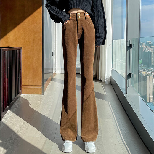 
ZHIDOUDOU Chenille bell-bottom pants for women in spring and autumn 2024 new high-waist slim casual floor corduroy micro-flare pants 13881 black plus velvet S