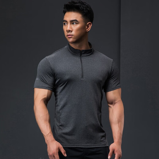 Lutie Dog Fitness Wear Short Sleeve Men's Stand Collar POLO Slim Fit Muscle Showing Quick Drying Breathable High Elastic Coaching Wear T-Shirt Black L