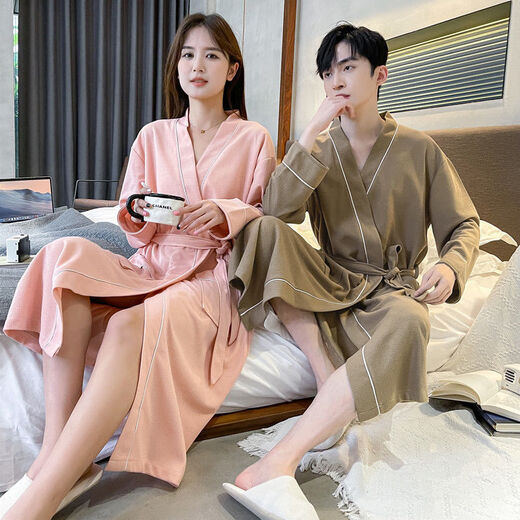 Catman (MiiOW) waffle high-end bathrobe couples solid color nightgown spring and autumn summer universal long-sleeved integrated bathrobe ZBB-2229 black men XL _125-150Jin [Jin equals 0.5 kg]
