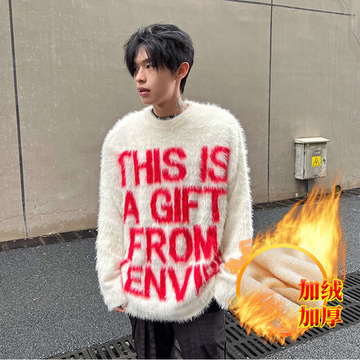 Yingzhen letter printed couple sweater autumn and winter American fashion brand loose pullover knit sweater lazy style jacket men A761 white plus velvet thickened 2XL