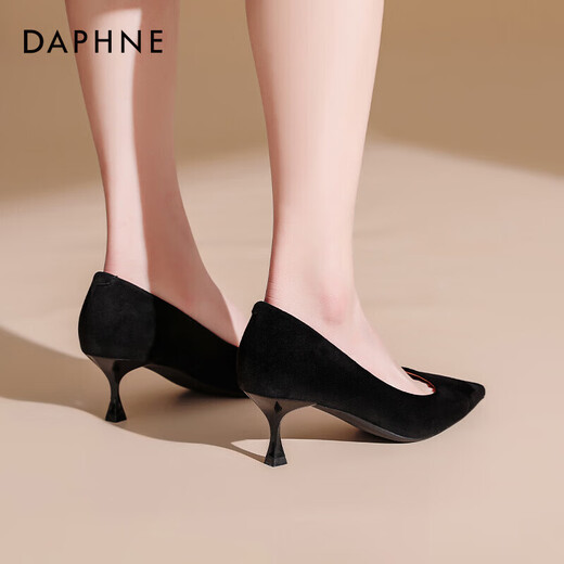 Daphne's Chinese Valentine's high-heeled suede-slim heels with one foot, professional pointed shoes, velvet black (5cm heels high) 37