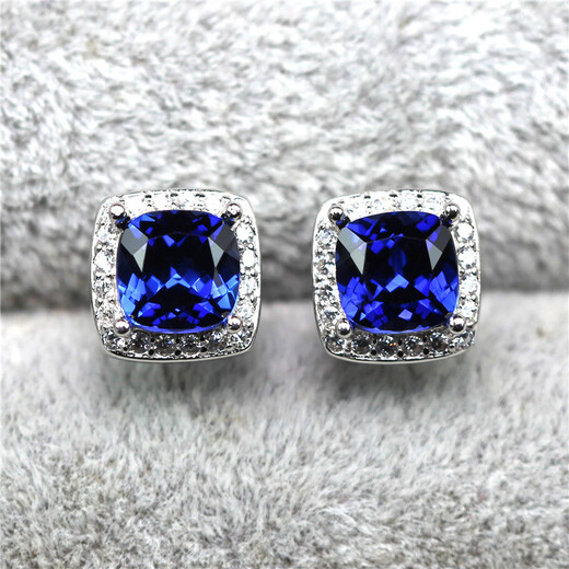 Libiao Tanzanite Sapphire Cushion Square Earrings Women's Silver Diamond Earrings Blue Tanzanite Earrings Colored Jewelry White Gold/1 Pair