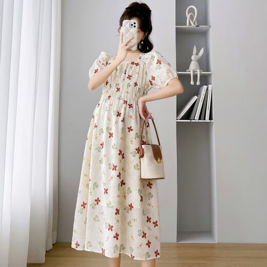 绫庭鹰孕妇连衣裙夏季新款宽松方领碎花泡泡袖中长款过膝孕妇长裙子 701花色裙【单件不起球】 L【100-120斤】
