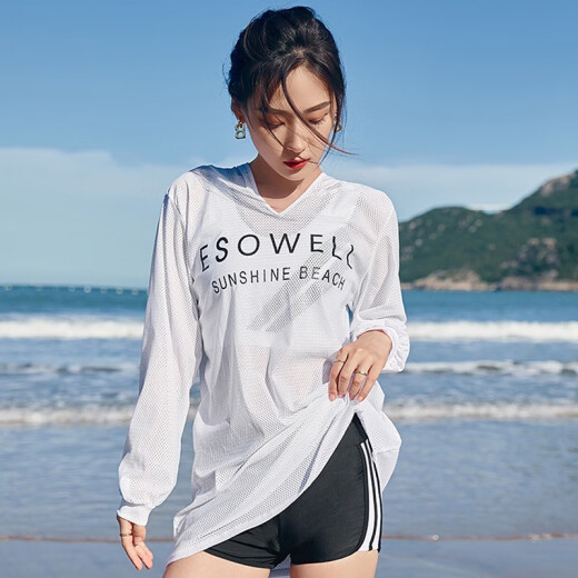 Isavel swimsuit women's new 2024 photo split three-piece sports swimsuit hooded slim long-sleeved hot spring swimsuit white XL (116-126Jin [Jin equals 0.5 kg])