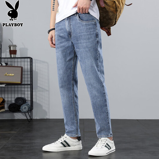 Playboy (PLAYBOY) jeans men's 2025 spring and autumn new trendy straight loose pants men's casual elastic Korean version of nine-point pants blue and gray X-6115HH9901 28