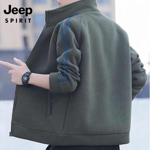 JEEP SPIRIT Jeep Men's Cardigan Sweatshirt Plus Velvet Thickened Striped Stand Collar Polar Fleece Autumn and Winter Jacket Warm Casual Jacket 8868 Military Green Regular Style L (Recommended 120-140 Jin Jin equals 0.5 kg)