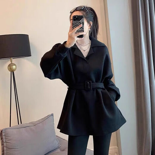 NLMC hip-covering tops with shark pants stand spring and autumn plus size women's clothing for fat mm black suit collar waist sweatshirt women niche black M