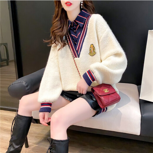 Xiaolaihou fake two-piece college style V-neck thick sweater for women, autumn and winter new Korean style student age-reducing versatile thickened sweater outer wear white one-size-fits-all thickened