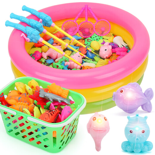 [57-piece set] Children's fishing toy set baby magnetic fishing rod with water for kitten fishing pool playing in water magnetic hook fish toddler pool boy girl birthday gift fish pond 1+fish*45+luminous fish*3+fishing rod*3+fishing net*3, etc.