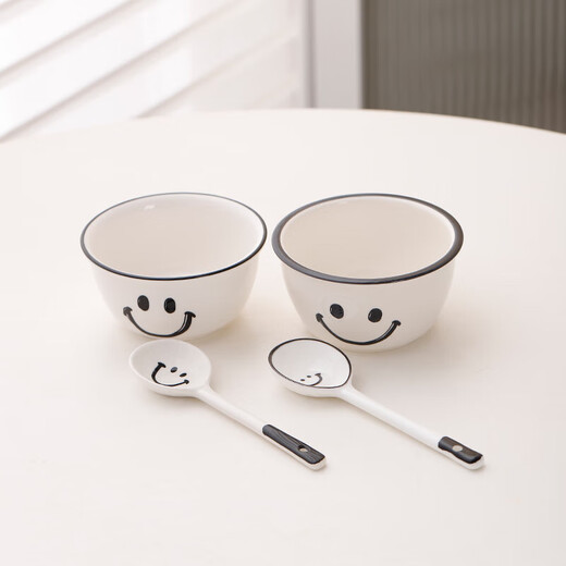 Super popular 4.75-inch rice bowl, large-capacity food supplement bowl, ceramic bowl, smiley face bowl, 2 bowls, 2 scoops