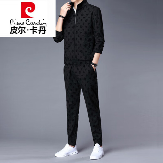 皮尔卡丹（pierre cardin）高档品牌运动套装男士夹克外套搭配秋季新款潮流帅气休闲黑色一套 6629黑色套装 L 【111-125斤】