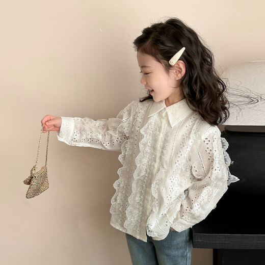 Tutu Little Elephant Girls White Shirt 2025 Autumn and Winter French Gentle Lace Shirt Sweet and Versatile Children's Top New Children's Clothing Beige 160