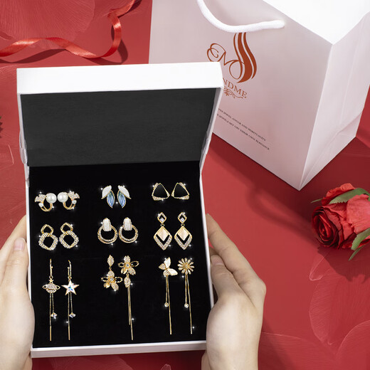 SENDME birthday gift for my wife, S925 silver earrings gift box, earrings, women's earrings, 9 pairs of fashionable earrings, gift box